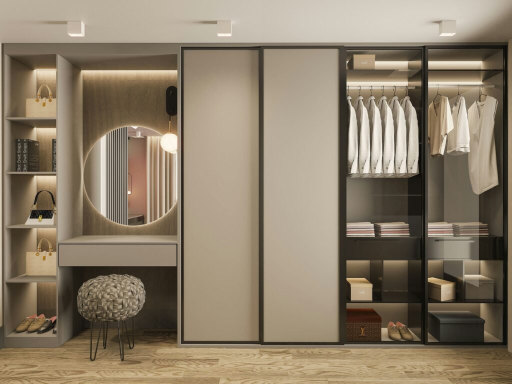 neat wardrobe with white well organized clothes, bags and shoes at the right place